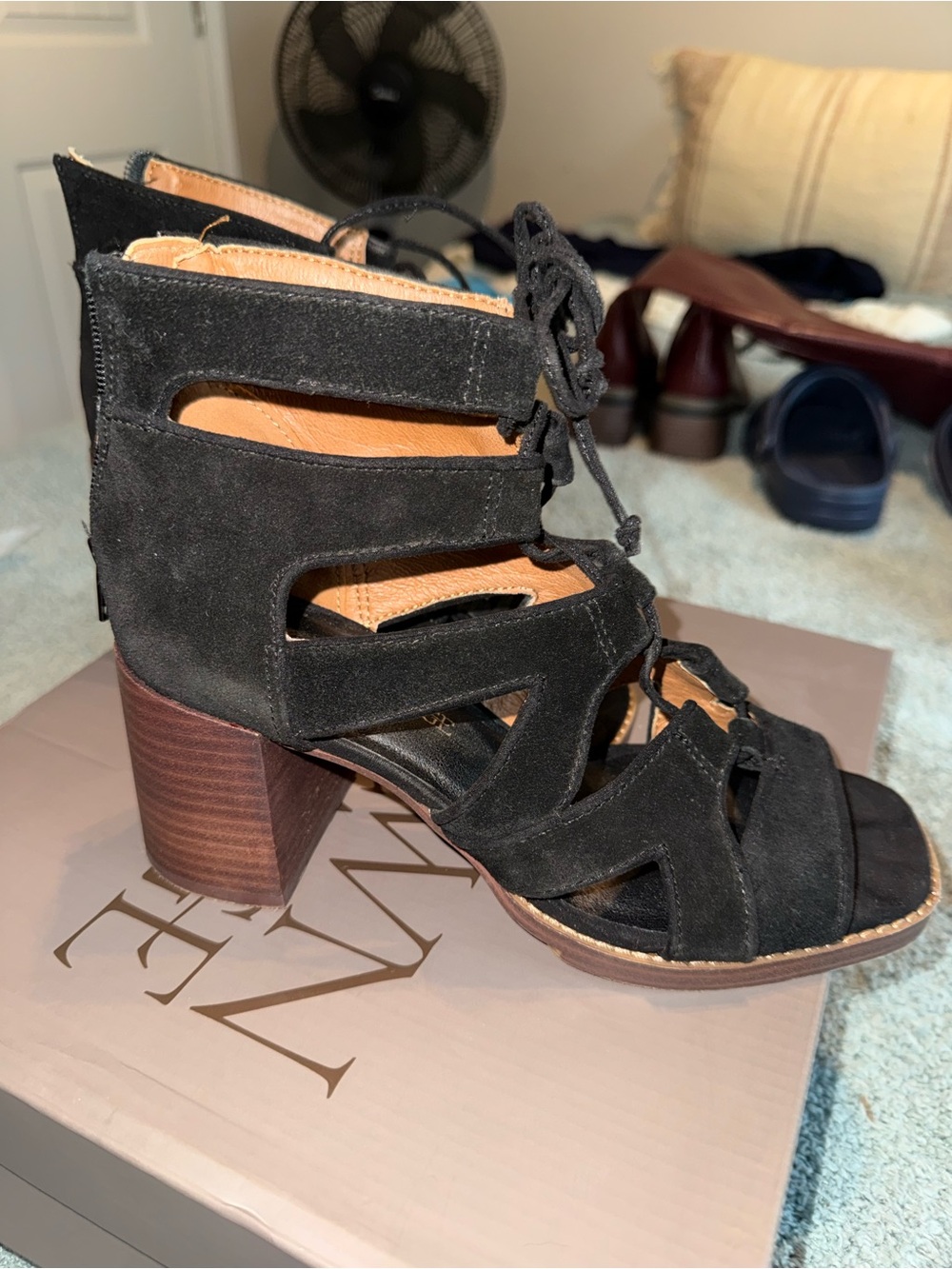 Crown vintage Women's Black Suede Lace-Up Block Heel